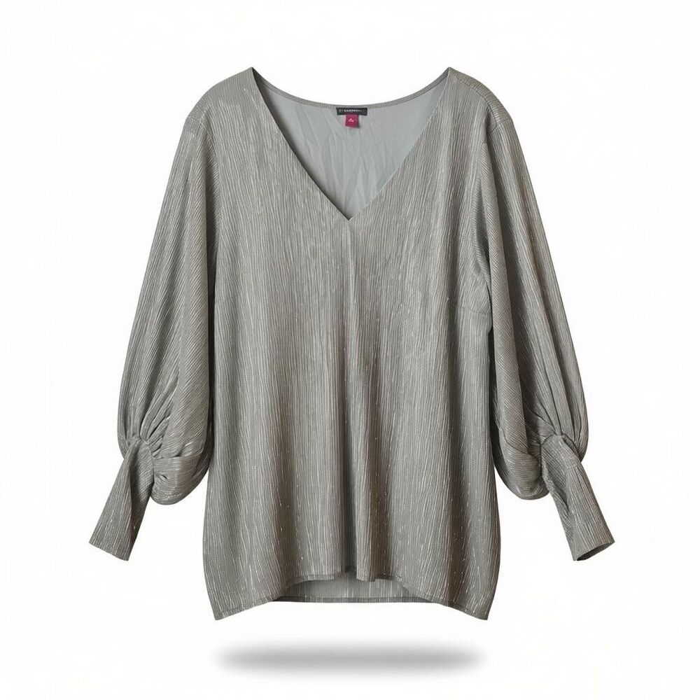 Vince Camuto Shimmer V-Neck Blouse Women's Champagne Gold Smocked Cuff Sleeve XL - Picture 1 of 13
